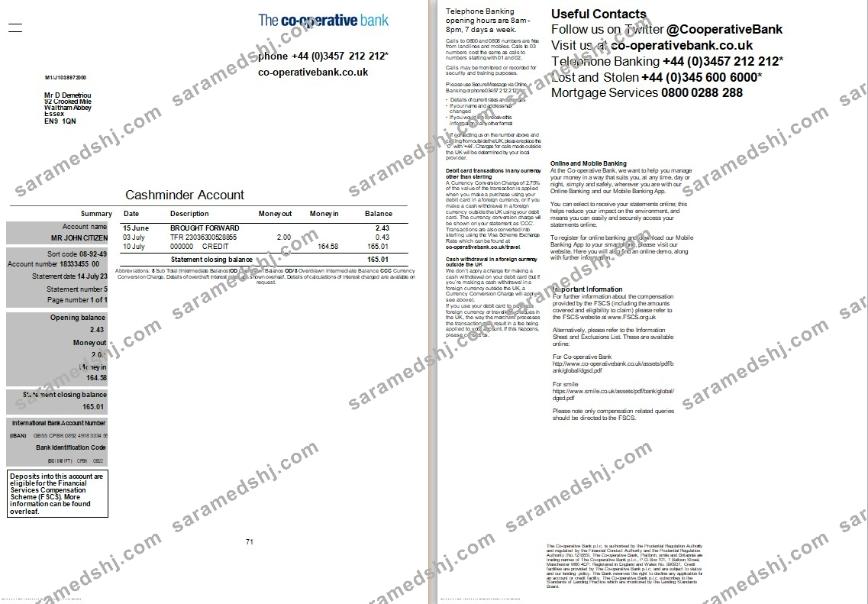 United Kingdom The Cooperative Bank statement Word and PDF template, 2 pages